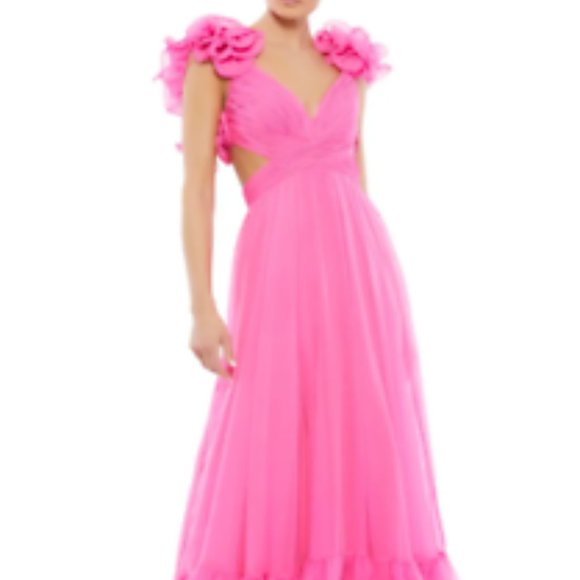 MACDUGGAL 67911 ROSETTE CHIFFON CUTOUT WAIST HOT PINK GOWN sz 4